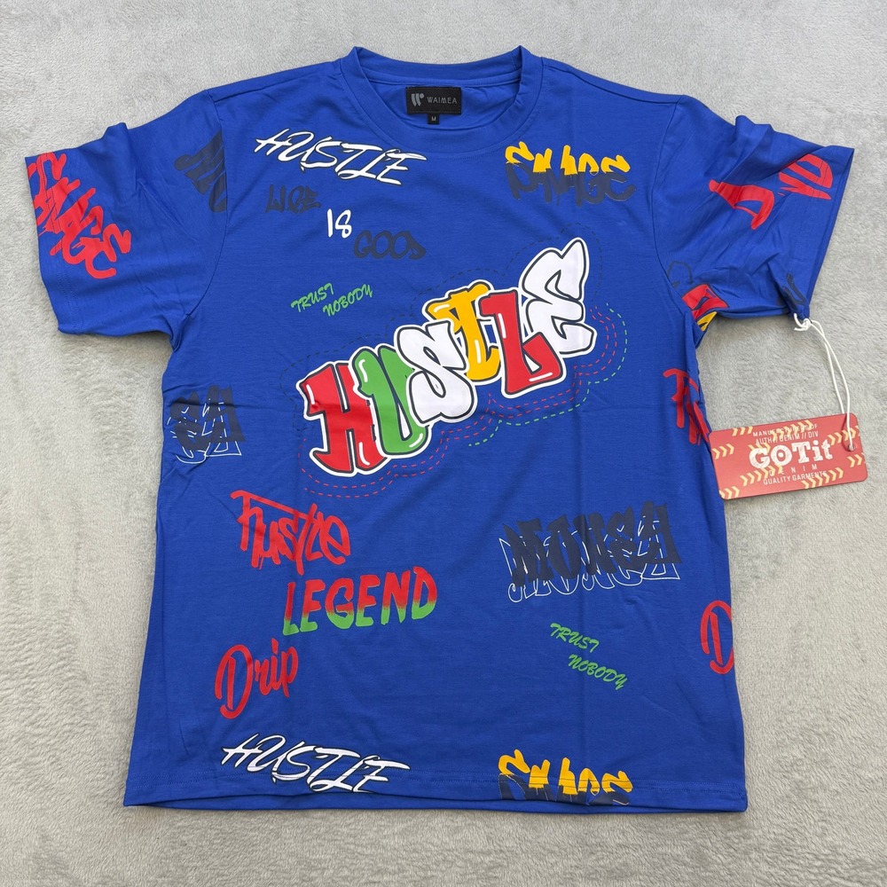 Waimea‎ Hustle Graphic T Shirt Mens Medium Blue Graffiti Print Streetwear Tee